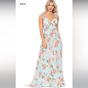 Betsy & Adam Pastel Blue Maxi Dress with Pink Floral Print-Size 10